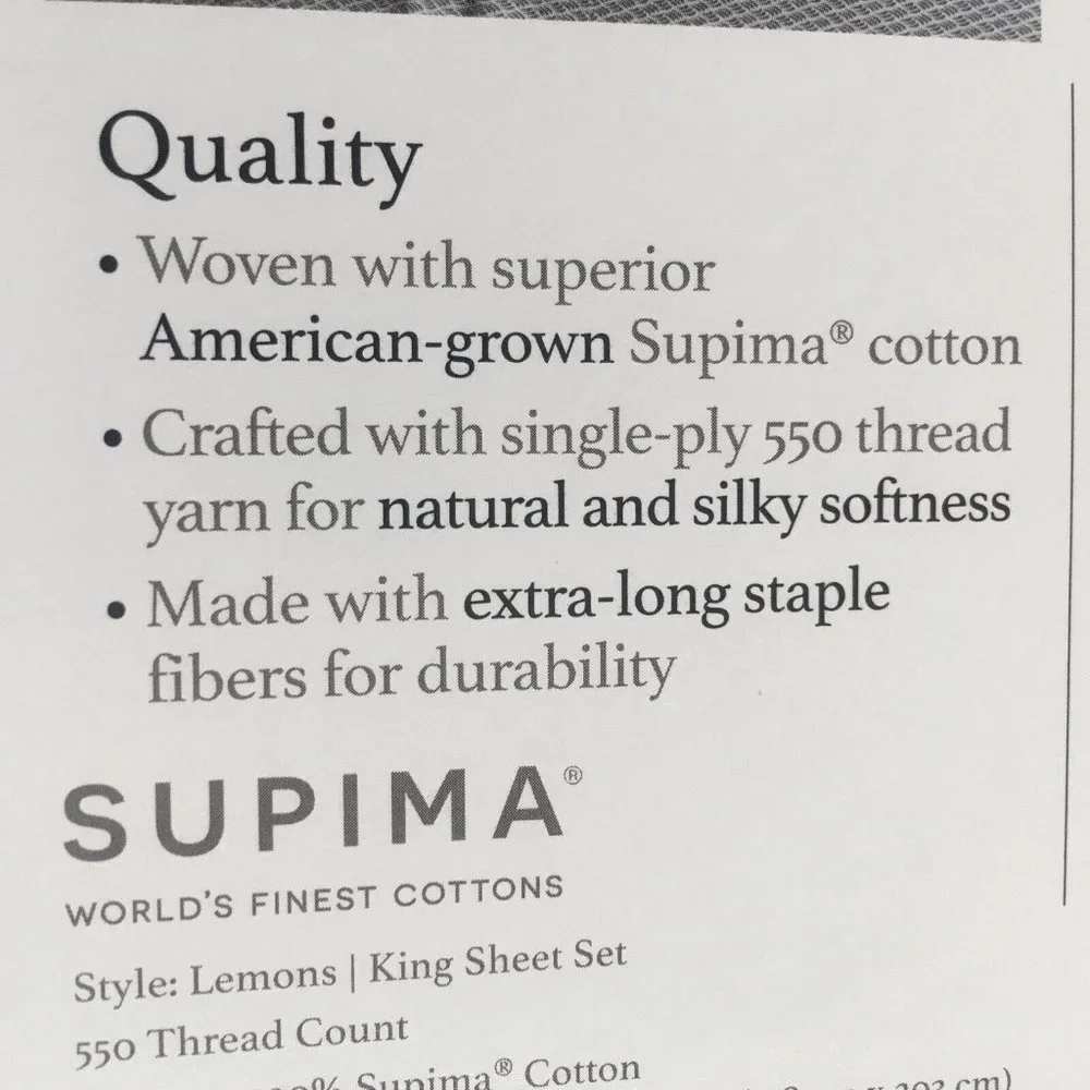 new YELLOW + WHITE Charter Club Designs Lemons 550 TC Cotton KING Sheet Set